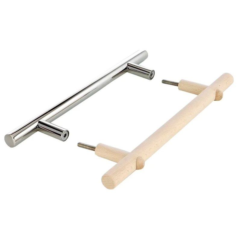 Ruostumattomasta teräksestä ja puusta valmistettu ovenkahvasarja