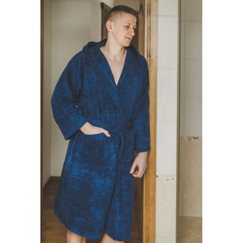 Puuvillainen kylpytakki hupulla, sininen