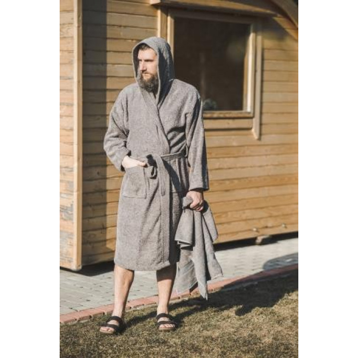 Puuvillainen kylpytakki hupulla, harmaa XXL