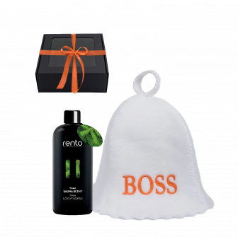BOSS-lahjasetti lahjarasiassa. Korkki ja tuoksuessentti.