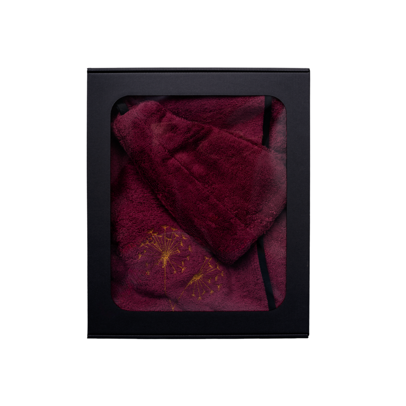 Lahjasetti lahjapakkauksessa HÄNELLE. Naisten saunahattu ja esiliina - Viininpunainen