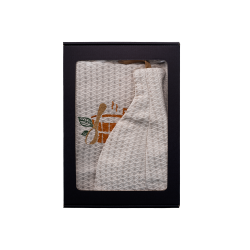 Lahjasetti lahjapakkauksessa HÄNELLE. Miesten saunahattu ja esiliina - PELLAVAA, kirjailtu 