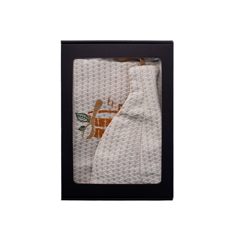 Lahjasetti lahjapakkauksessa HÄNELLE. Miesten saunahattu ja esiliina - PELLAVAA, kirjailtu