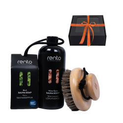 Lahjasetti lahjapakkauksessa WINTER SPICES. Tuoksuesanssi, vartaloharja ja saippua. 