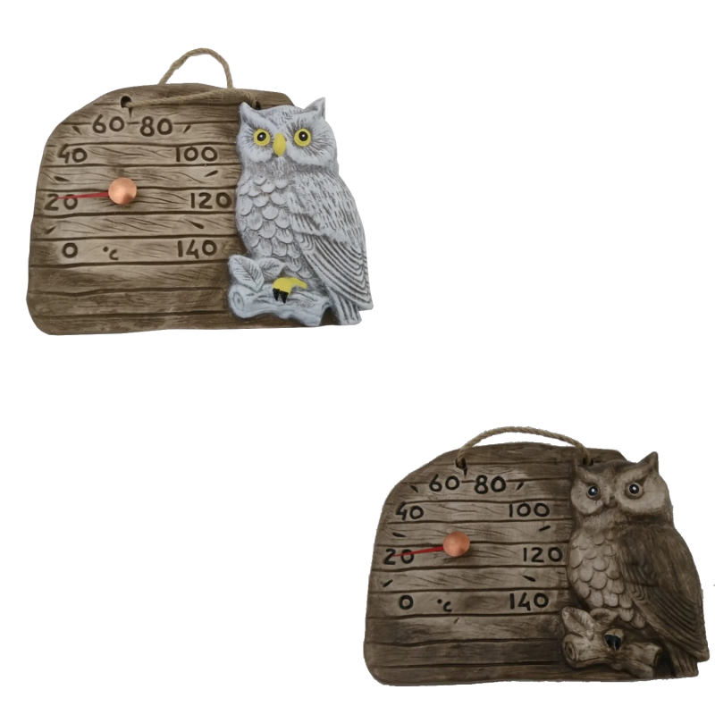 Keraaminen saunalämpömittari - pöllö oksalla