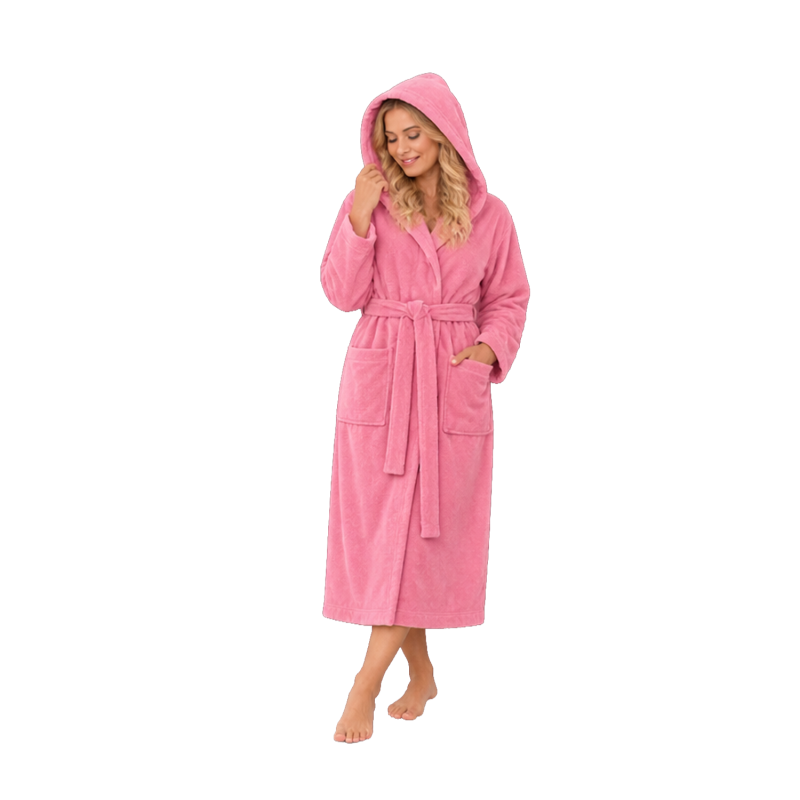 Puuvillavelourinen hupullinen kylpytakki, pinkki