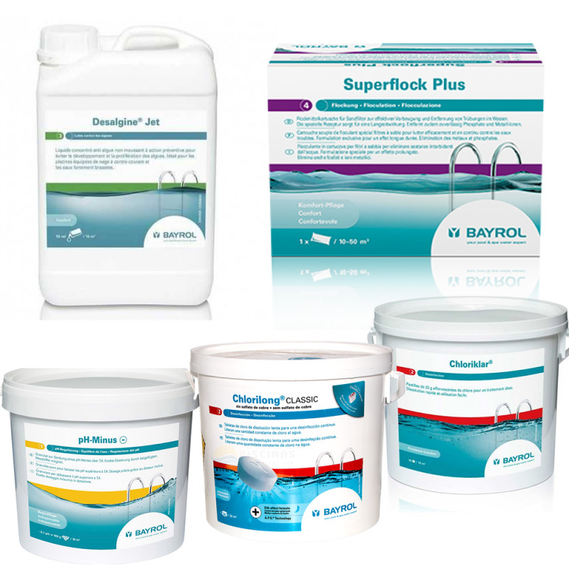 Kloorilla varustettu huoltosarja uima-altaille, joissa on suuri suodatin