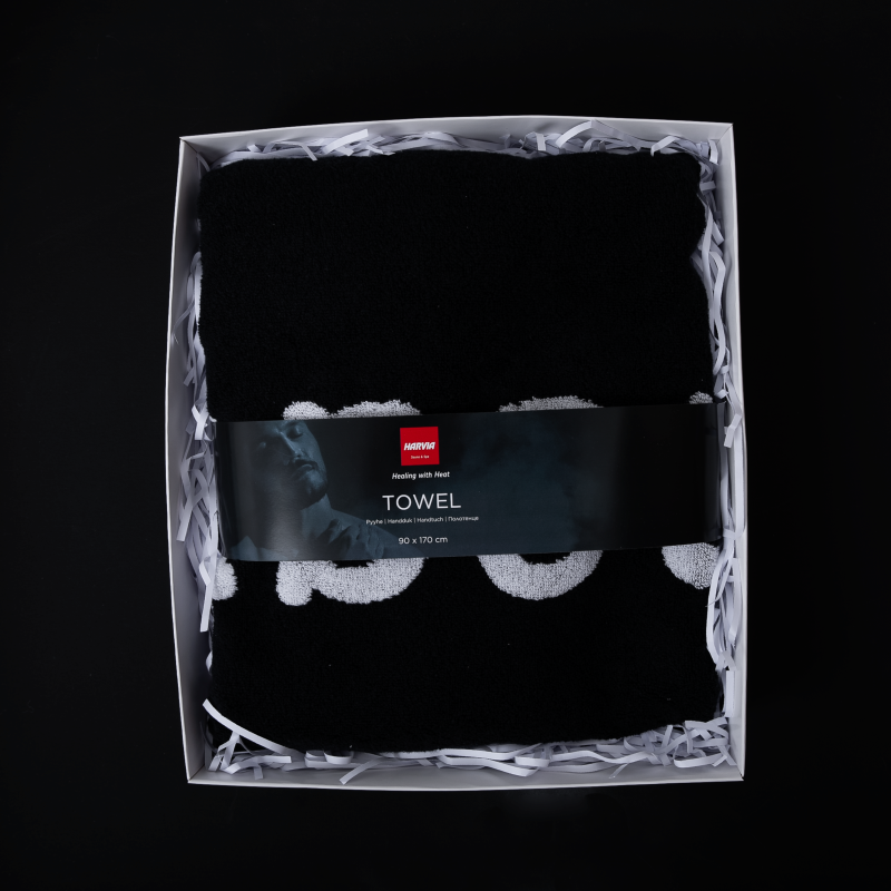 Pyyhe HARVIA #healingwithheat lahjapakkauksessa, 90 x 170 cm, musta
