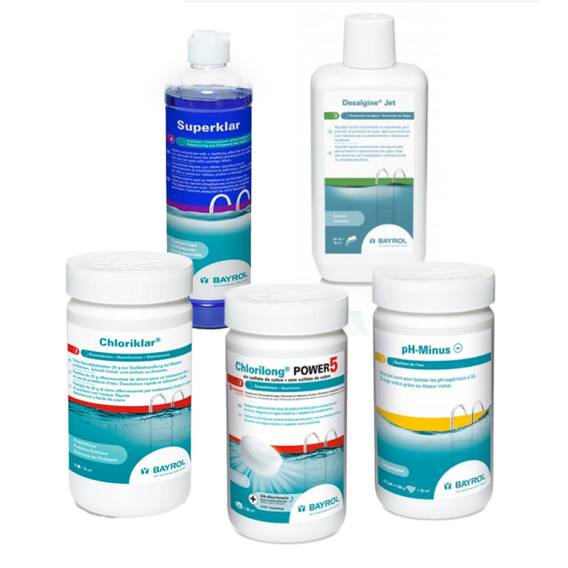 Huoltosarja uima-altaille, joissa on patruunasuodatin, kloorilla